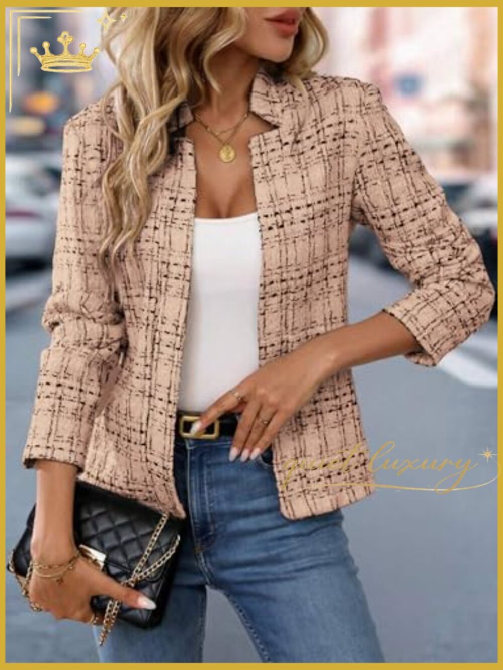 Tweed Open Front Blazer Long Sleeve Notch Collar Fully Lined Casual Business - Picture 3 of 7